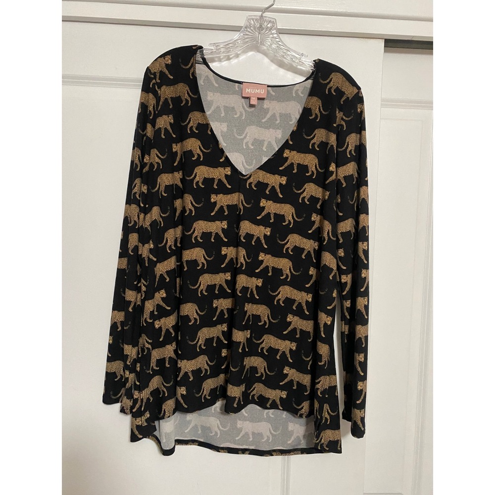 Show Me Your Mumu Womens Medium Black Gold Leopard Print V-Neck High Low Top